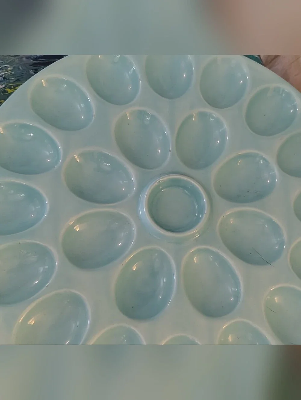 Posh Tag Light Aqua Ceramic Footed Deviled Egg Platter w/ Center Dip Bowl 12.5
